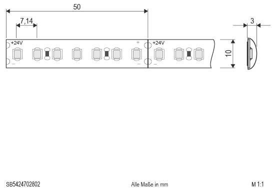 Technisches Diagramm eines LED-Streifensegments mit Abmessungen: 50 mm Länge, 10 mm Breite, 3 mm Höhe, 7,14 mm Abstand, mit +24V Polaritätsmarkierungen und 'Alle Maße in mm'