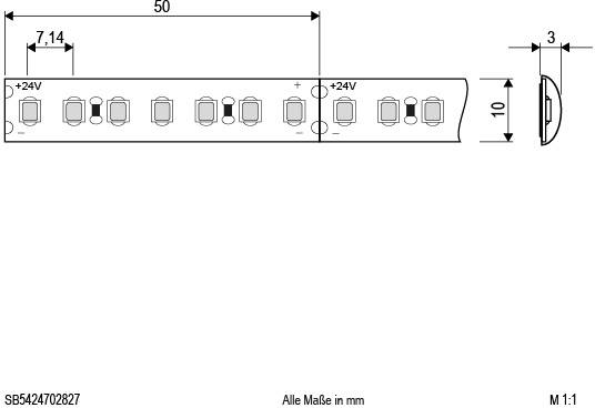 Technische Zeichnung einer Metallleiste mit zehn quadratischen Einbuchtungen. Maße: 50 mm lang, 10 mm breit, 3 mm dick.