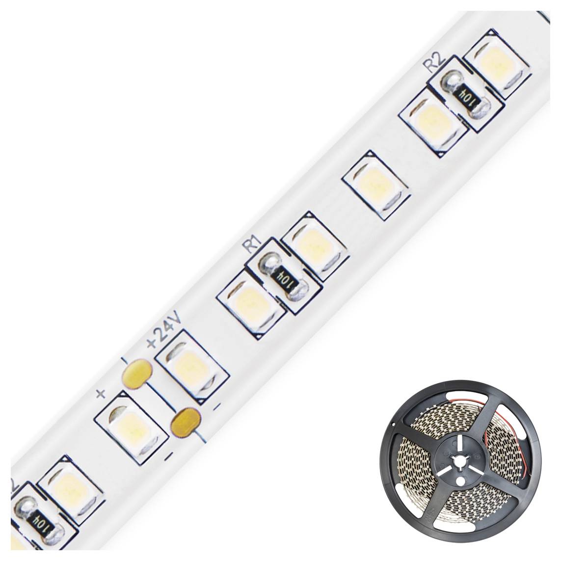LED-Streifen mit weißen oberflächenmontierten Dioden und Widerständen, beschriftet mit +24V, dargestellt mit einer aufgewickelten Spule auf der Seite.