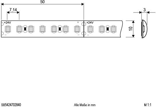 Technische Zeichnung einer elektrischen Anschlussleiste mit neun Anschlüssen. Maße: 50x10x3 mm. Spannung: +24V. Alle Maße in mm.