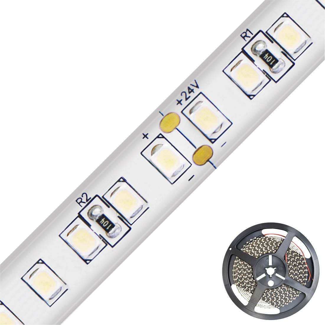 Nahaufnahme eines LED-Lichtstreifens mit beschrifteten Komponenten und eine separate Rolle des Streifens unten rechts dargestellt.