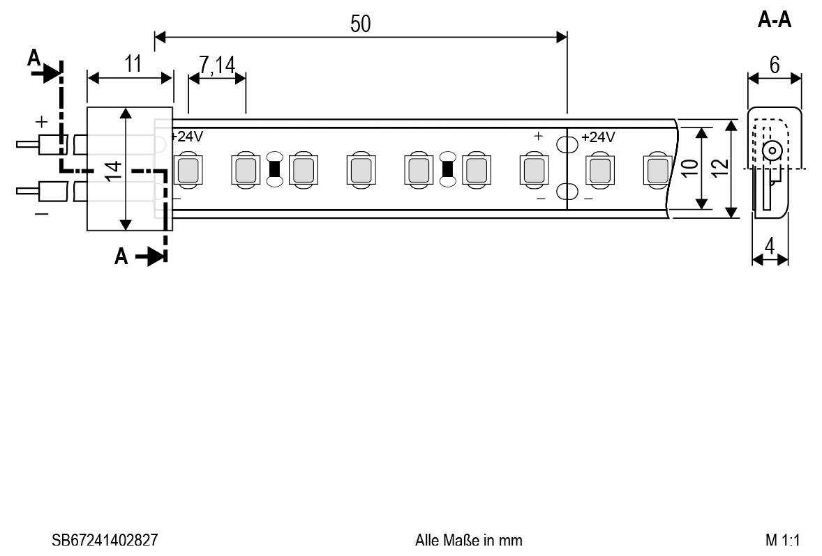 Technische Zeichnung einer 24V Linearleuchte mit mehreren LED-Modulen, mit Vorder-, Seiten- und A-A Endansichten mit Abmessungen in Millimetern.