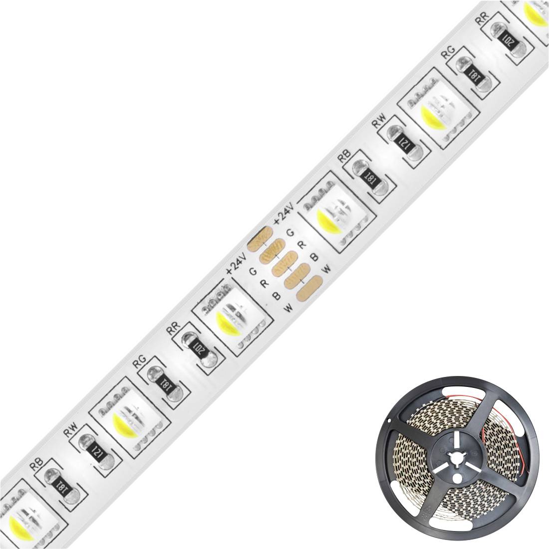 LED-Streifen, flexibel mit RGB- und Warmweiß-Chips für Farbmischung. Ansicht der Chip-Details und einer aufgerollten LED-Leiste.