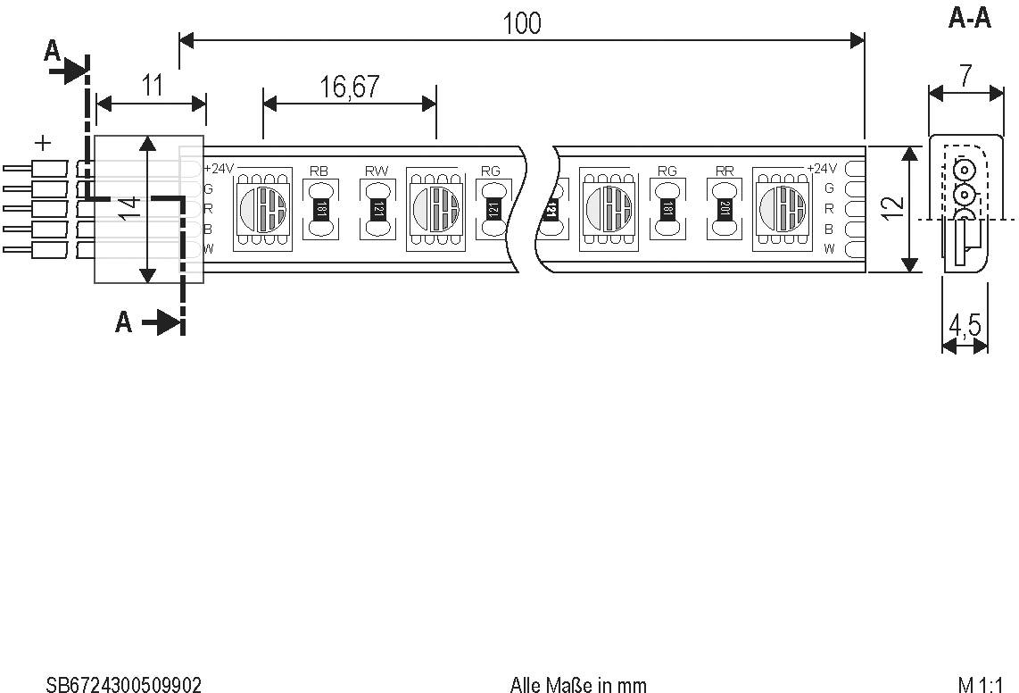 Elektrischer Schaltplan einer LED-Leiste mit Längen- und Breitenmaßen in Millimetern sowie Anschlussdetails an den Enden.
