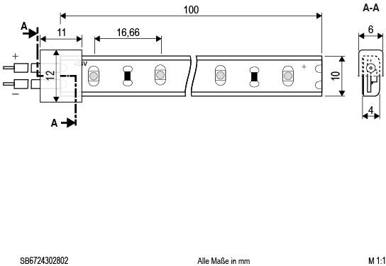 Technische Zeichnung eines elektrischen Connectors mit Maßen in Millimetern. Zeigt Länge 100 mm und Querschnittsansicht A-A.