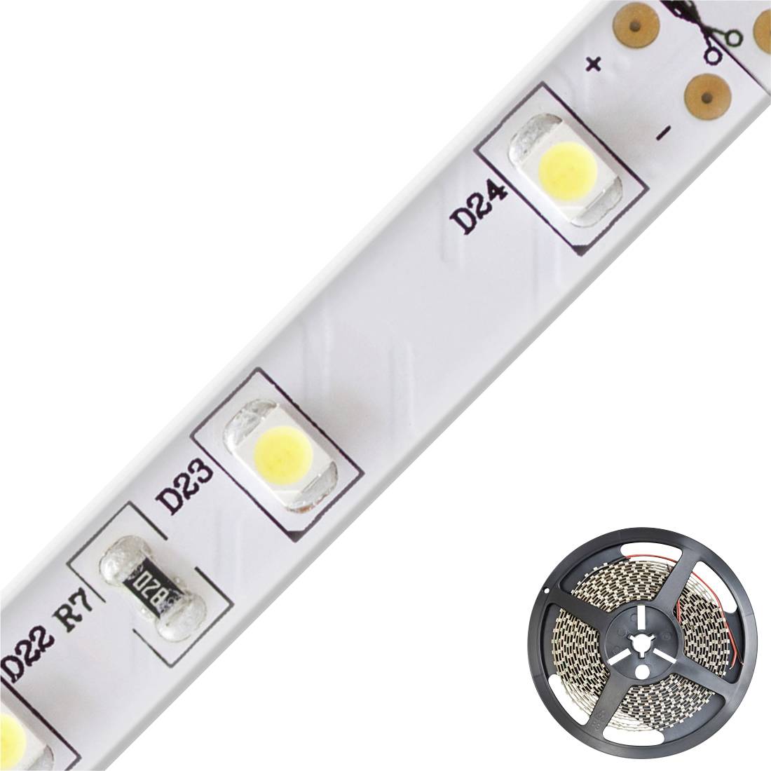 Nahaufnahme eines LED-Streifens mit mehreren Dioden und Widerständen, daneben eine Rolle des LED-Streifens zur Veranschaulichung.