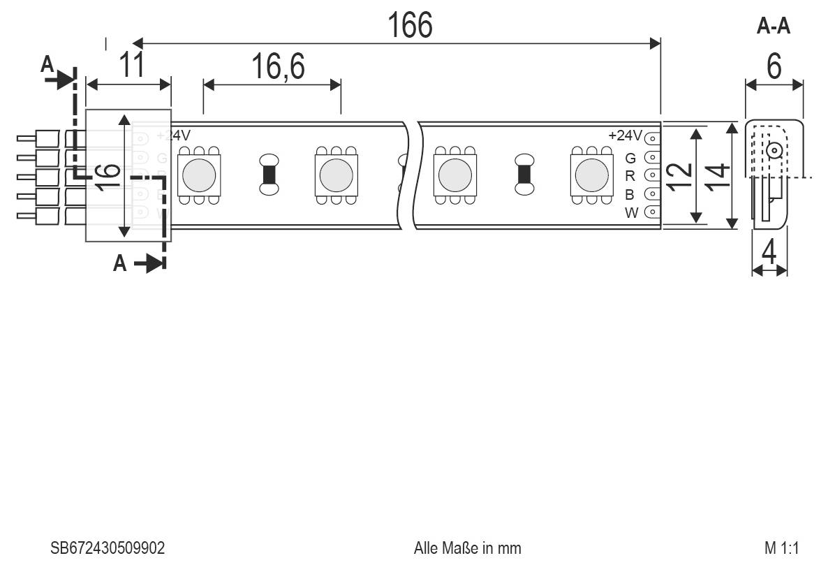Technische Zeichnung eines LED-Streifenlicht-Abschnitts mit Stecker, zeigt Abmessungen in mm und Polaritätsbezeichnungen (+24V, G, R, B, W); Länge 166 mm.