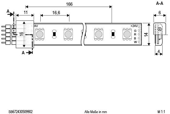Technische Zeichnung einer LED-Leiste mit Maßen in mm, elektrischen Anschlüssen und Aufsicht. Maßangaben und elektrische Details enthalten.