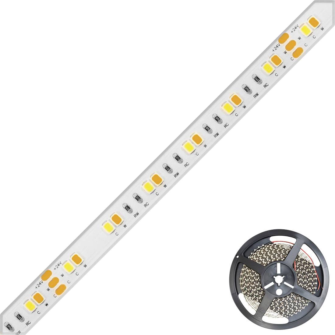 LED-Streifen in Nahaufnahme mit leuchtenden Lämpchen in Weiß und Orange. Daneben eine Rolle mit aufgewickeltem LED-Band.