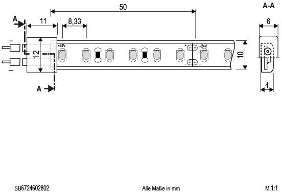 Technische Zeichnung einer elektrischen Schiene mit Maßen in Millimetern, zeigt Anschlüsse und Steckplätze detailliert in der Draufsicht und Seitenansicht.