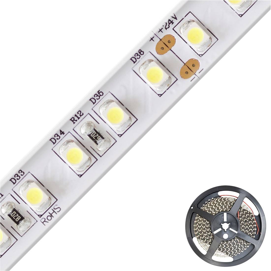 LED-Lichtleiste mit mehreren gelben Dioden, beschriftet mit 'D3', 'R14', '+12V'. Nebenan eine aufgerollte LED-Lichtstreifen-Spule.