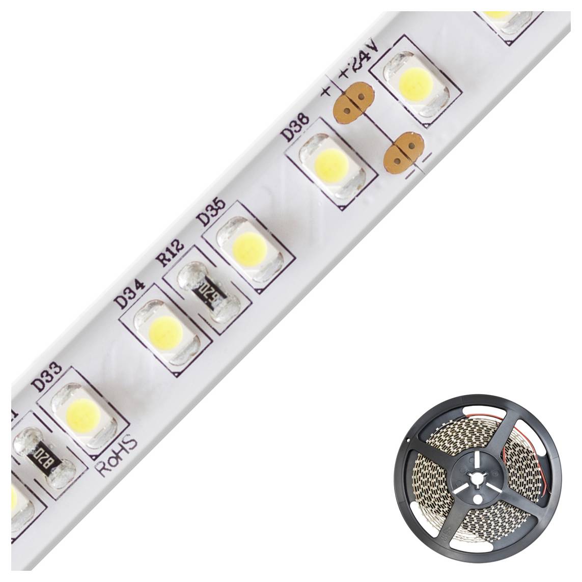 Rolle mit weißen LED-Streifenleuchten mit beschrifteten Komponenten und 12-V-Markierungen sowie eine Spule des Streifens unten rechts.