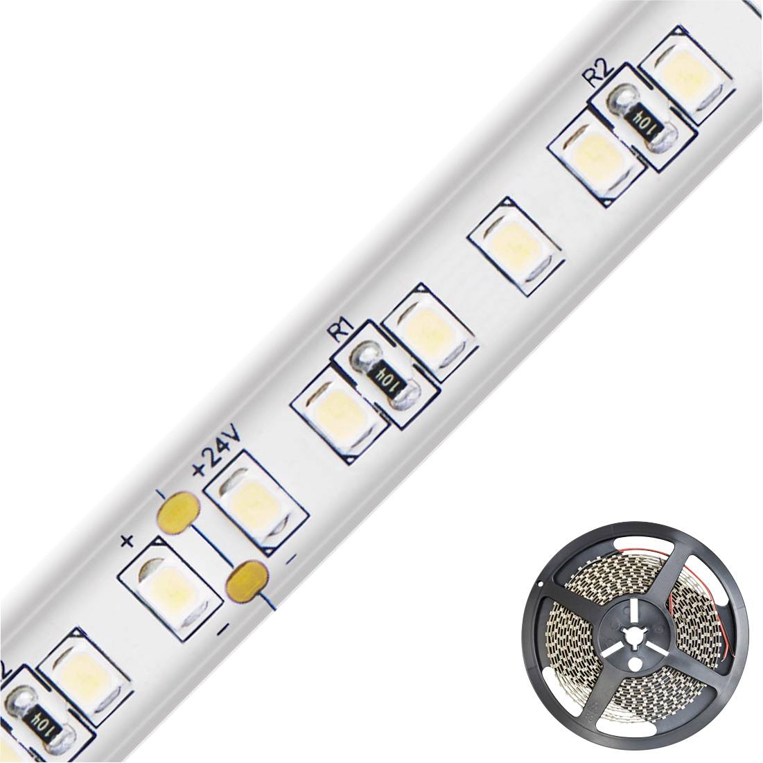 Eine flexible LED-Lichtleiste zeigt +24V Markierung und Widerstände. Im Hintergrund eine aufgerollte LED-Leiste.