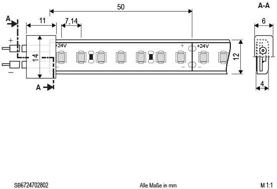 Elektrisches Schaltpanel, 50 mm lang, mit acht Schalterpositionen und +24V Anschlüssen. Maße in mm angegeben. Querschnitt A-A gezeigt.