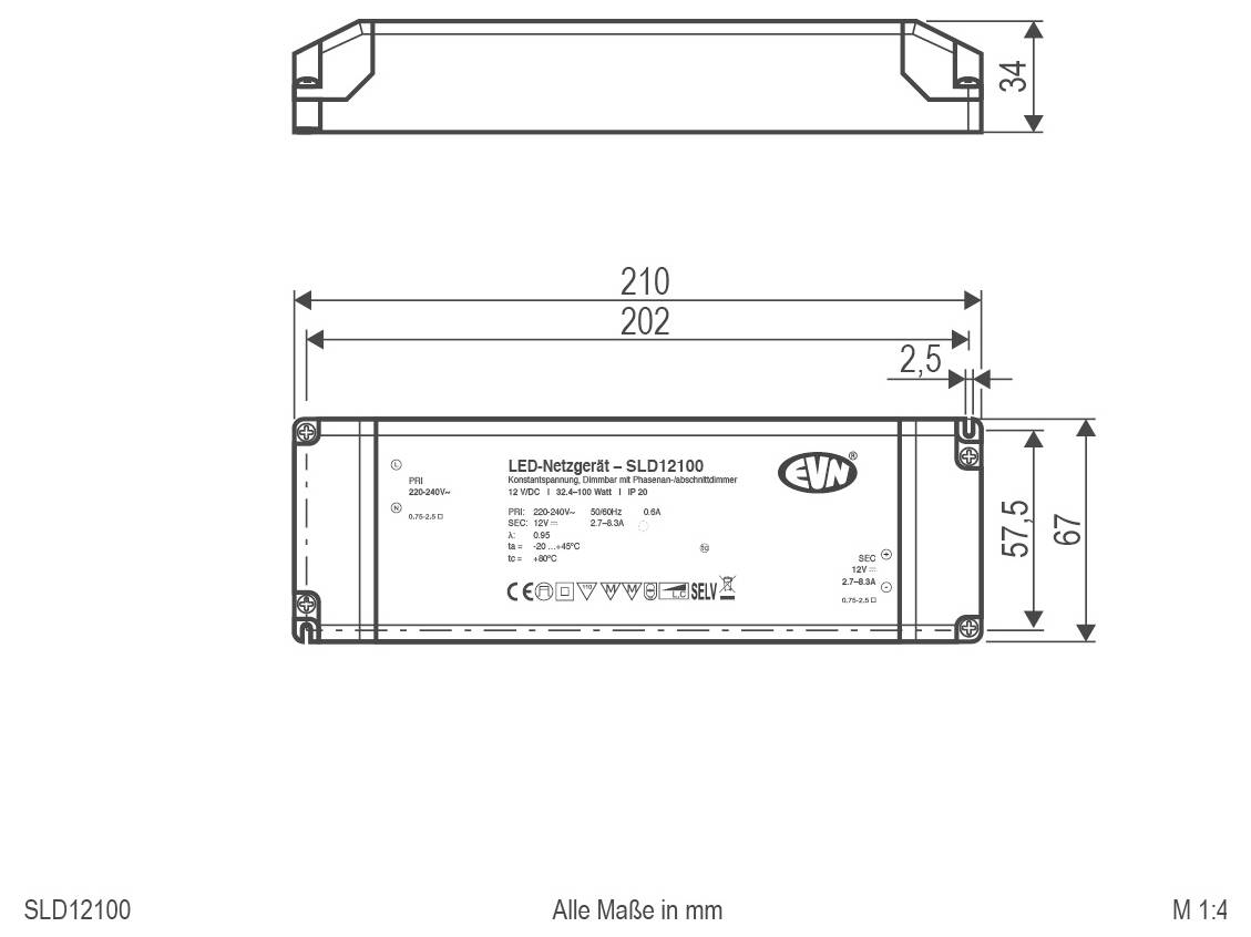 Technische Zeichnung eines LED-Netzteils mit Draufsicht und Frontansicht mit Abmessungen in Millimetern: 210 lang, 67 breit, 34 hoch.