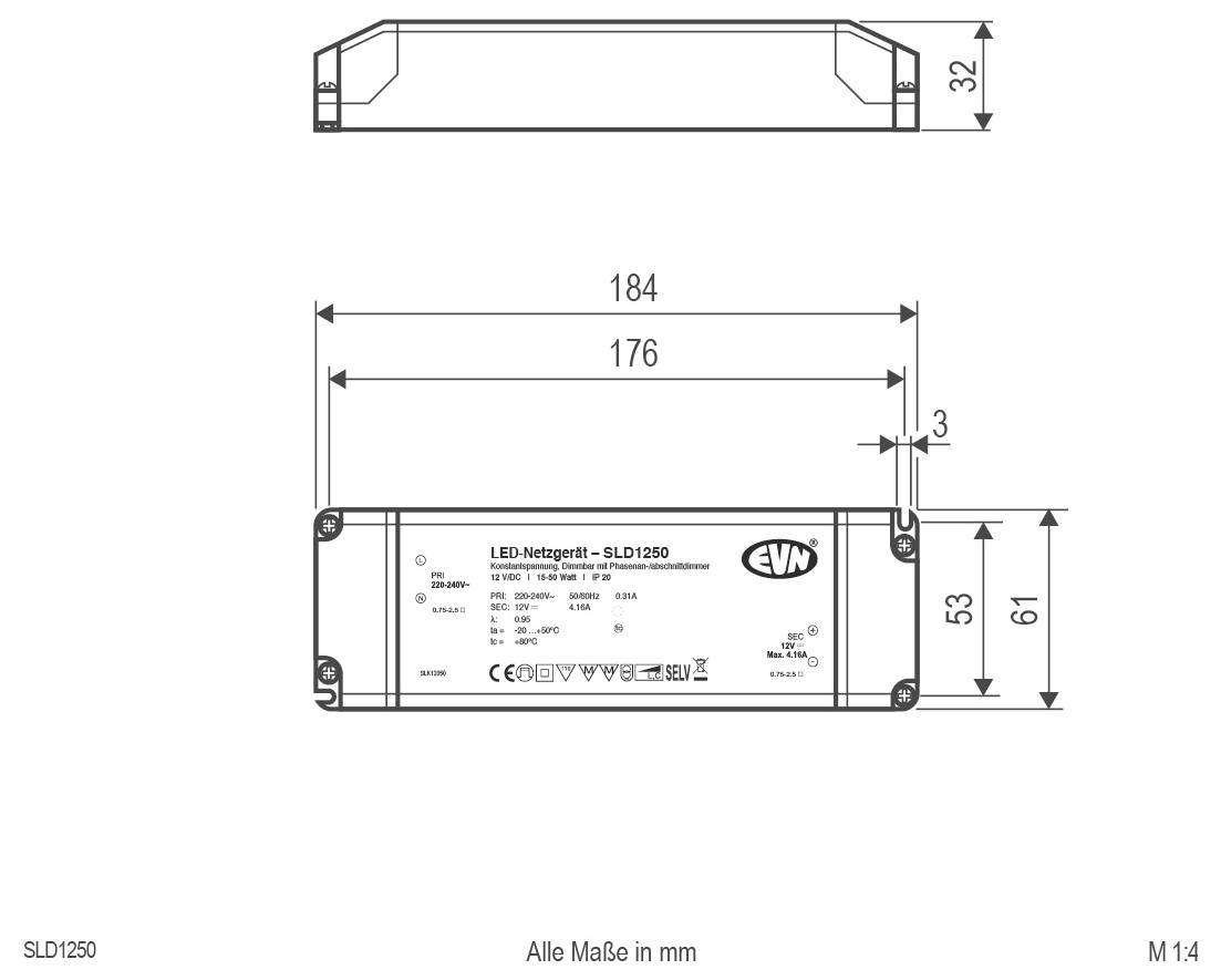 Technische Maßzeichnung eines LED-Treibers mit der Bezeichnung „SLD1250