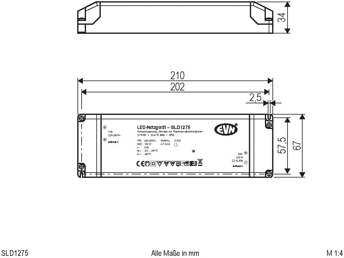 Technische Zeichnung eines LED-Netzteils SLD1275 mit Maße: Länge 210 mm, Breite 57 mm, Höhe 34 mm. Alle Maße in mm.
