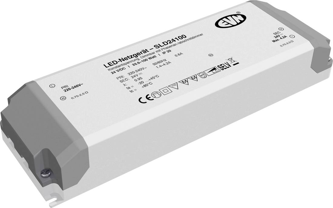 Weiße rechteckige LED-Stromversorgung/Treiber mit grauen Endkappen und bedruckten technischen Etiketten oben, auf weißem Hintergrund dargestellt.