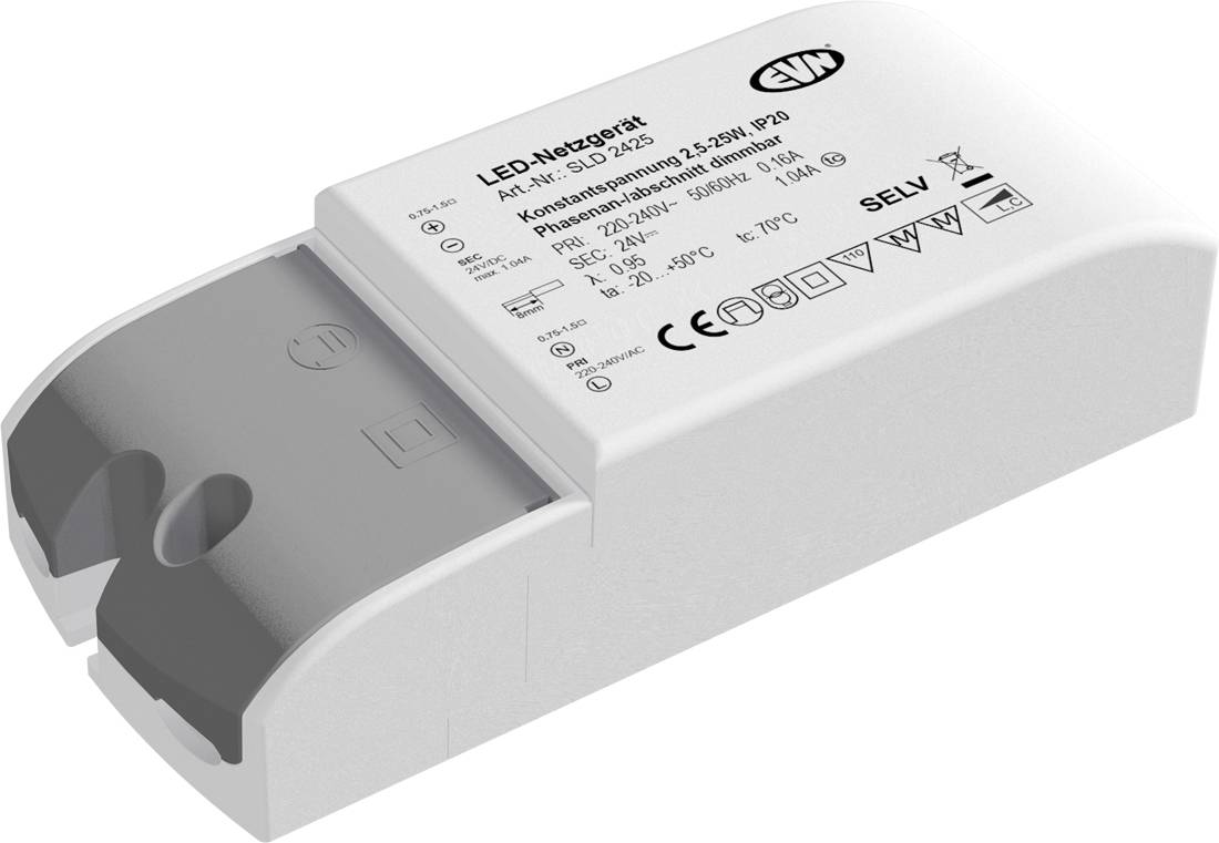 Eingebauter LED-Einbaustrahler mit Befestigungsfedern, dargestellt mit separatem Treibernetzteil in einem eingebundenen Kreis.