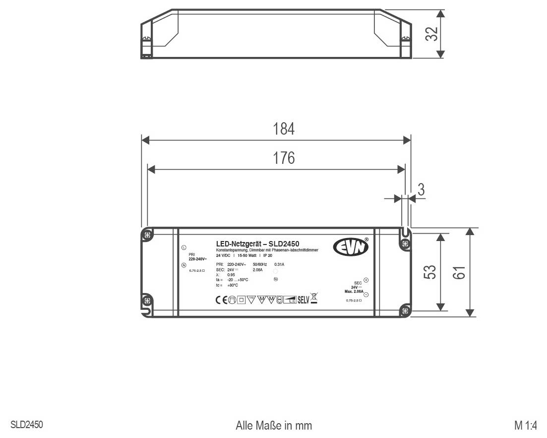 Technische Zeichnung einer runden LED-Einbauleuchte und eines Treibers mit Ansichten von vorne, von der Seite und Verdrahtungsabmessungen in Millimetern.