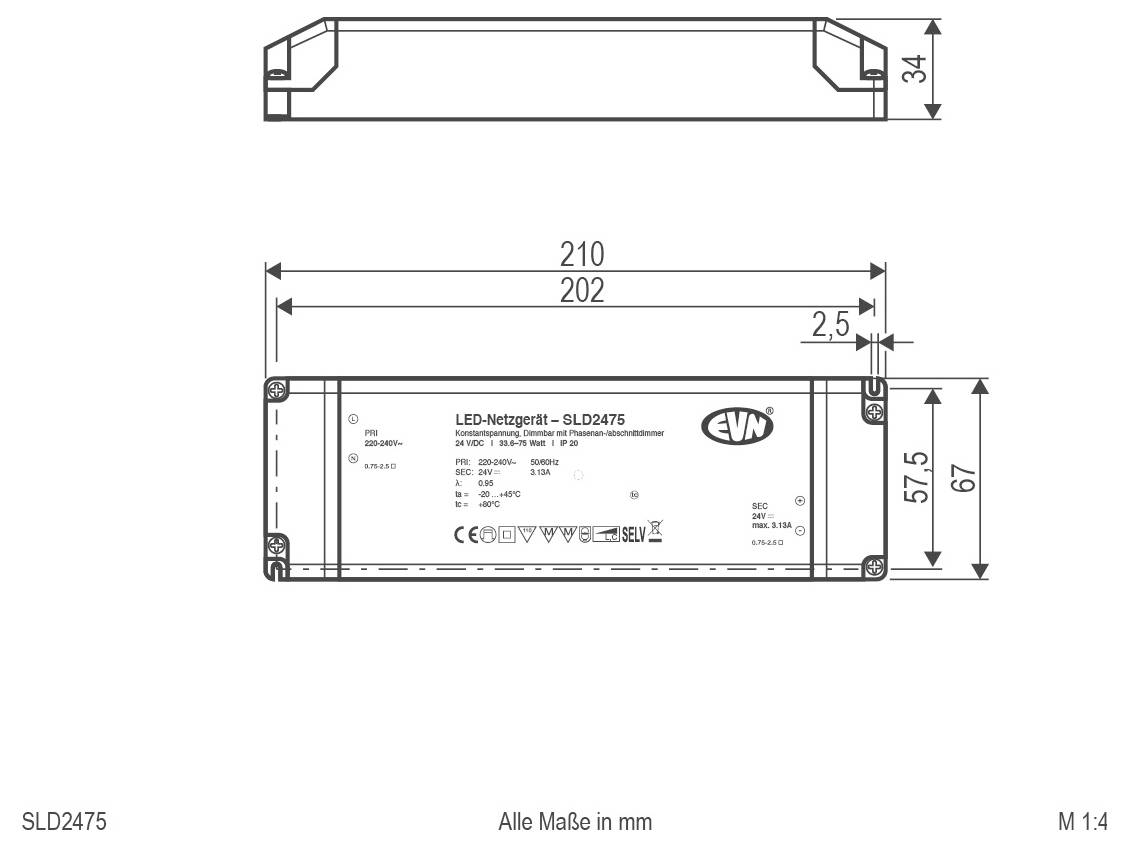 Technische Maßzeichnung eines EVN LED-Stromversorgungsgeräts, das Front- und Seitenansichten mit Abmessungen in Millimetern zeigt: 210 mm Länge, 67 mm Höhe, 34 mm Tiefe.