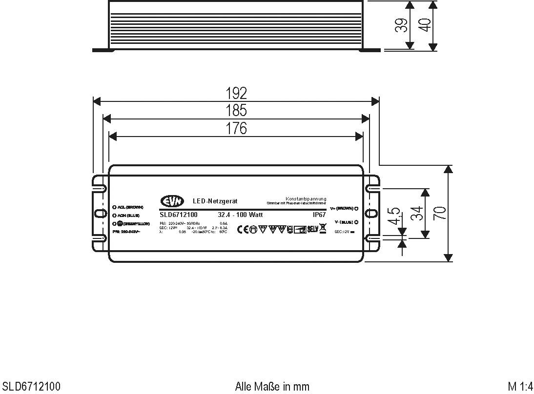 Technische Zeichnung eines LED-Netzteils mit Abmessungen: Länge 192-185-176 mm; Breite 53 mm; Höhe 39-40 mm. Alle Maße in mm.