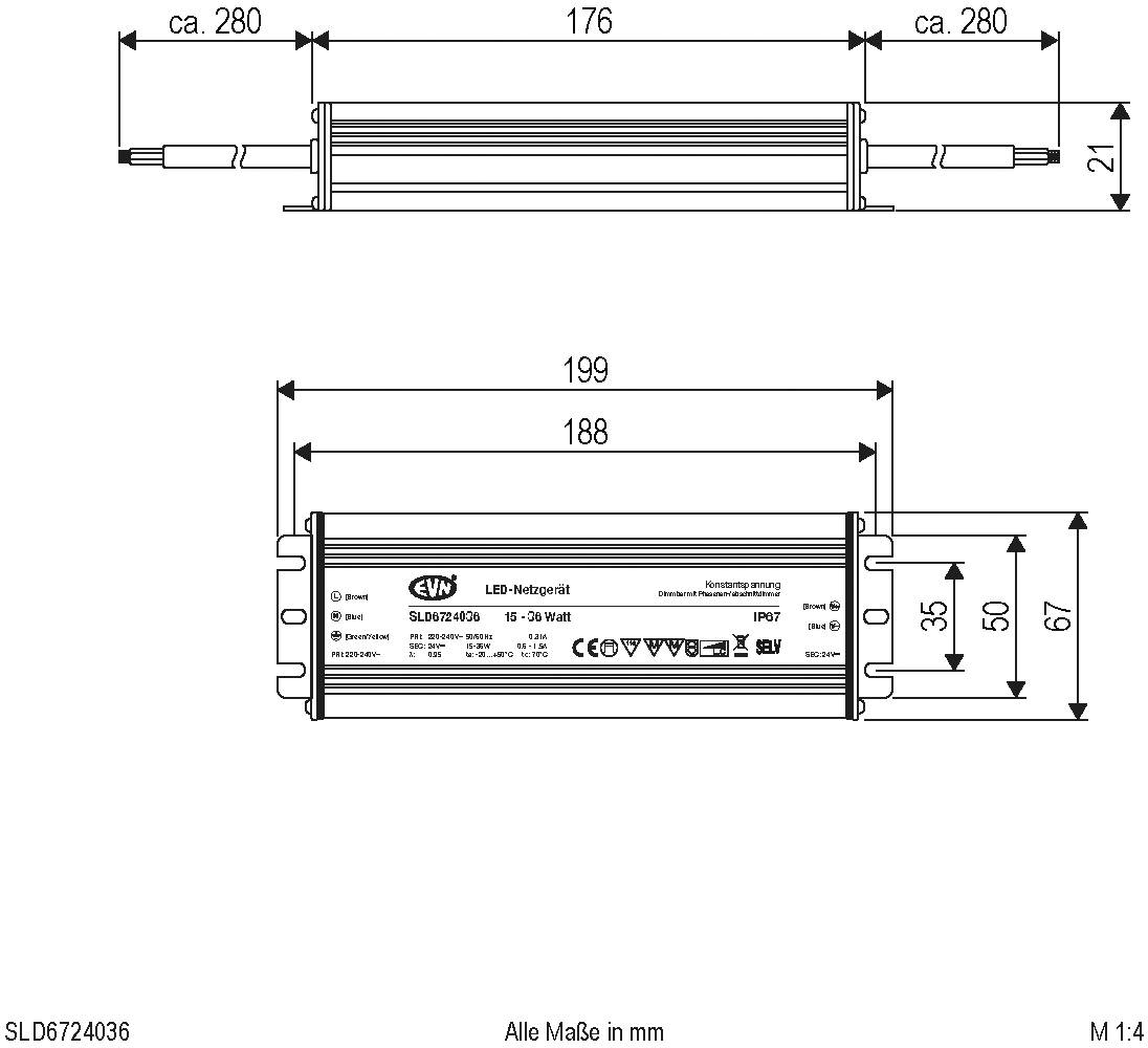 'LED-Netzgerät' mit Abmessungen: ca. 280 x 36 x 37 mm. Details zu Ein- und Ausgangsspannung sichtbar. Schaltplan unten links: 'M 1:4'.