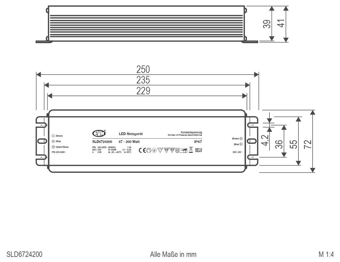 Technische Zeichnung eines rechteckigen Geräts mit drei Ansichten, die Abmessungen in Millimetern und einen 320°-Rotationsindikator oben zeigen.