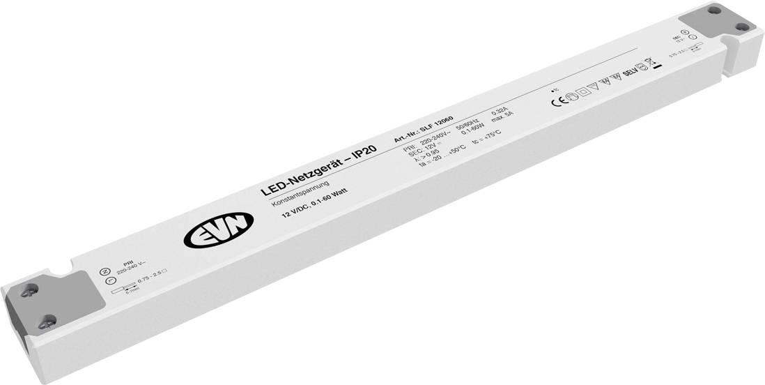 'LED-Netzgerät IP20' von EVM ist ein rechteckiges, weißes Stromversorgungsteil für 12VDC und 25-36W. CE- und RoHS-zertifiziert.