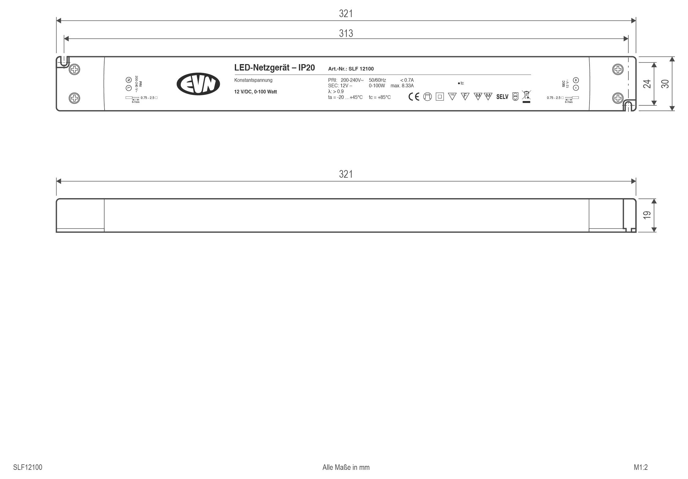 Technische Zeichnung eines schlanken LED-Netzteils mit Draufsicht und Seitenansicht mit den folgenden Abmessungen: 321 mm lang, 40 mm breit und 25 mm hoch.