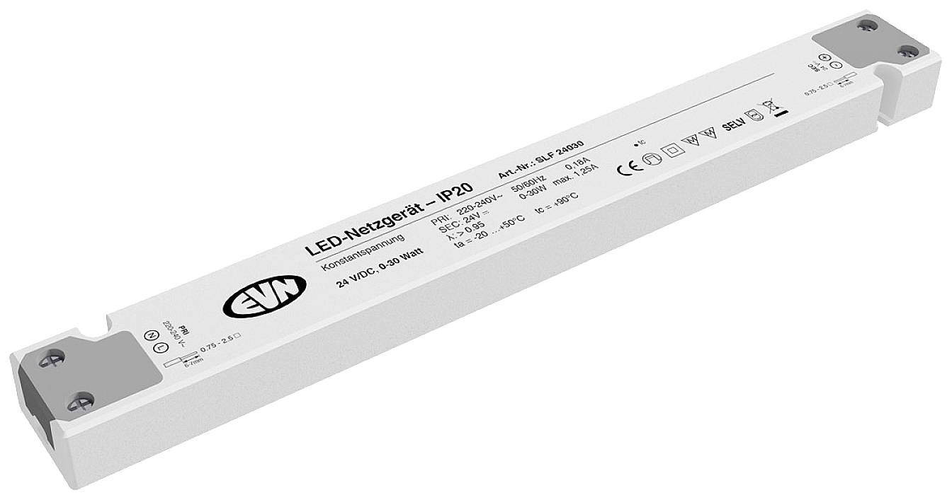 'LED-Netzgerät IP20' von ELM in rechteckiger Form. Spannungsbereich 24 VDC, Stromstärke 0,5-50 W. Zertifizierungs- und Sicherheitssymbole sichtbar.
