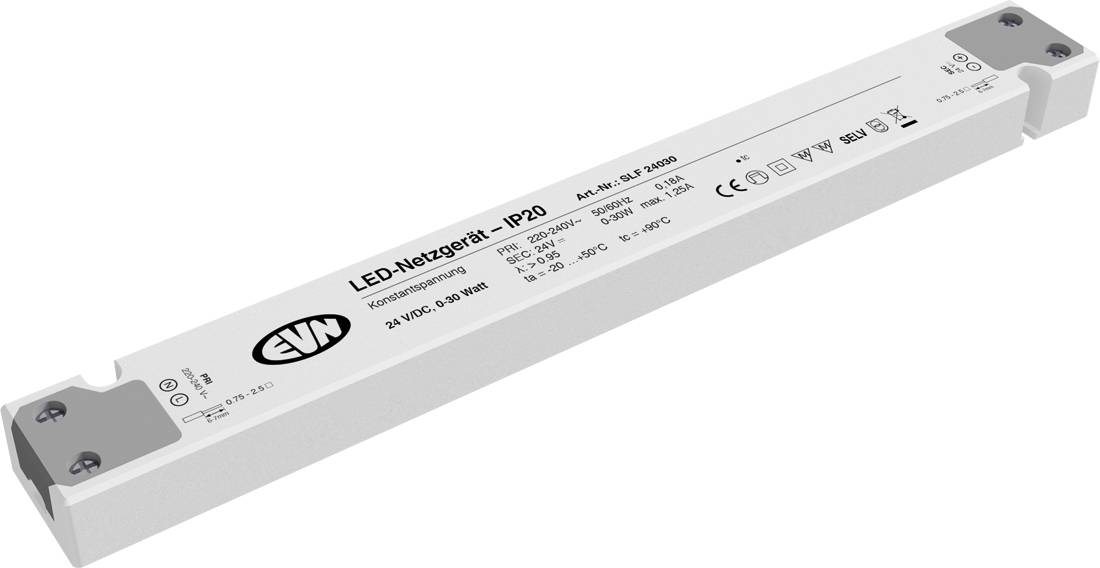 Weißes rechteckiges LED-Stromversorgungsgerät mit der Aufschrift „LED-Netzgerät - IP20