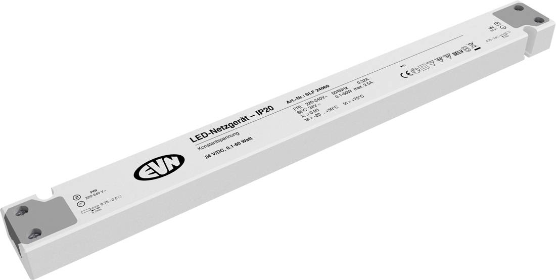 Weiße EVN-LED-Stromversorgungseinheit mit gedruckten technischen Spezifikationen auf einem langen rechteckigen Metallgehäuse, gezeigt auf einem einfachen Hintergrund.