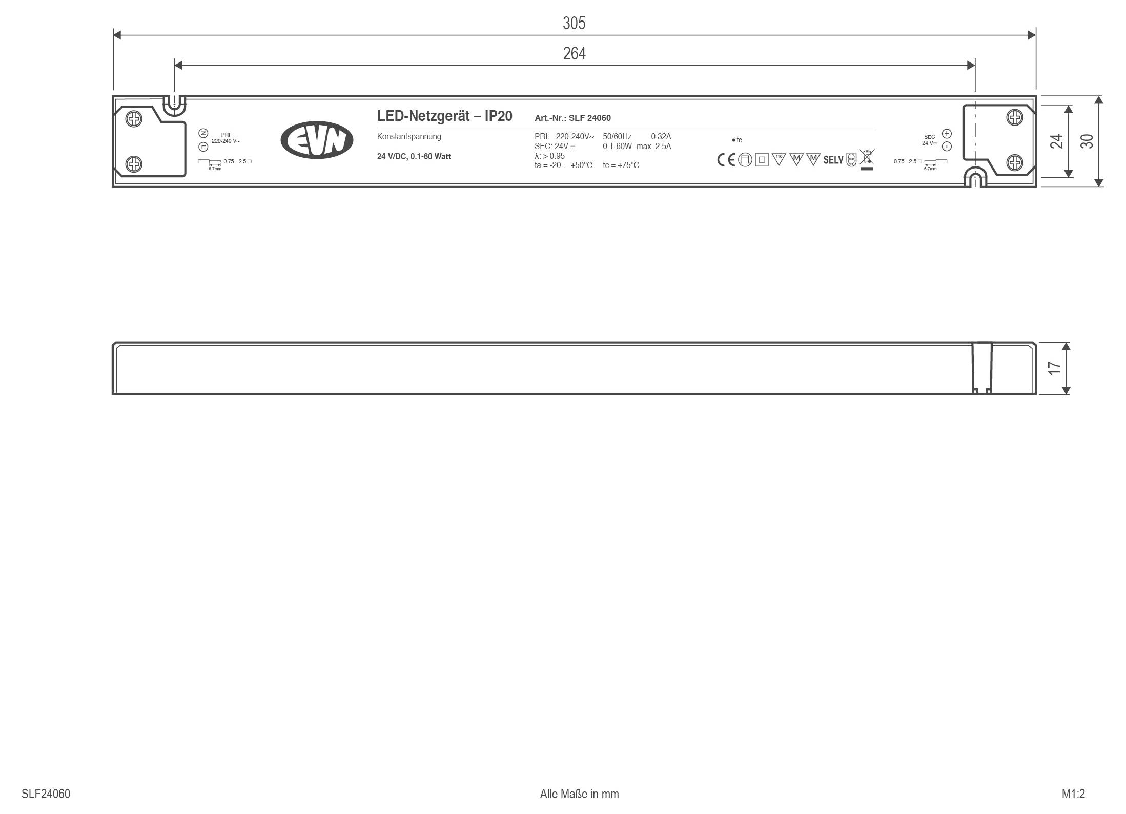 Technische Zeichnung einer LED-Stromversorgungseinheit mit Vorder- und Seitenansichten und Abmessungen in Millimetern beschriftet.