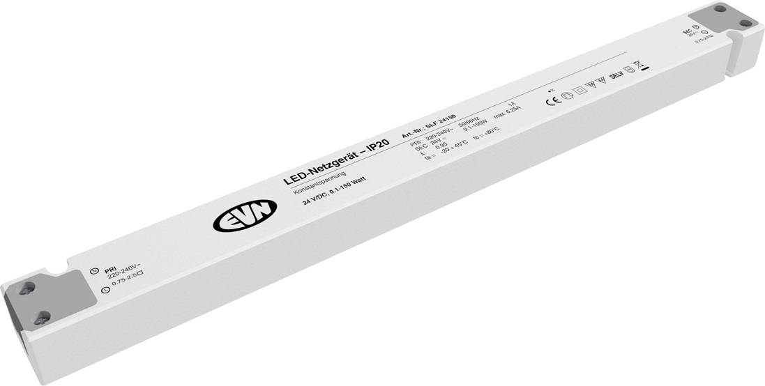 Langes weißes rechteckiges LED-Netzteil mit der Aufschrift 
