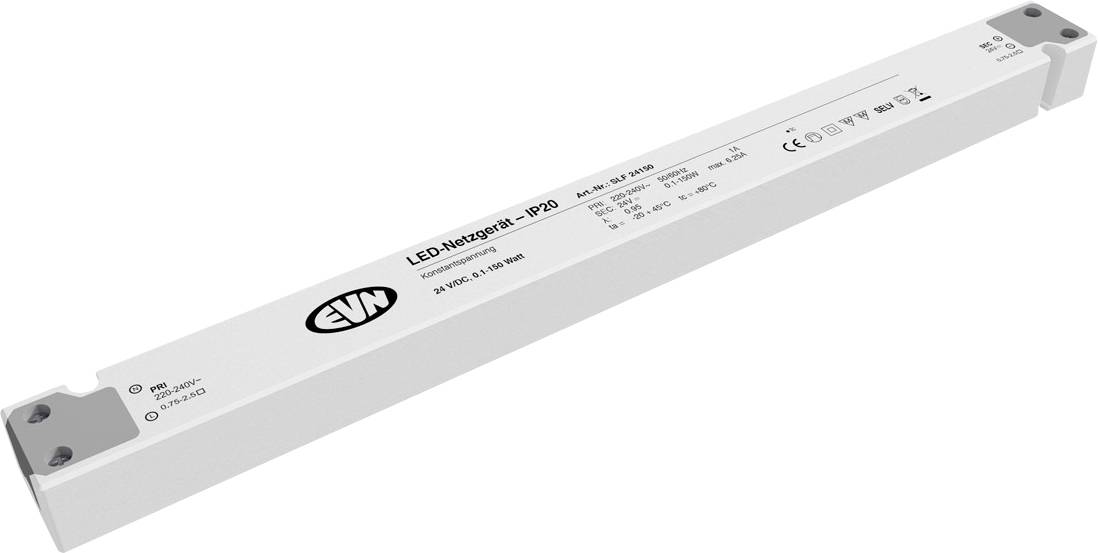 Langes, rechteckiges LED-Netzteil von EVN mit Modell- und Leistungsinformationen aufgedruckt. Geeignet für Innenraumanwendungen.