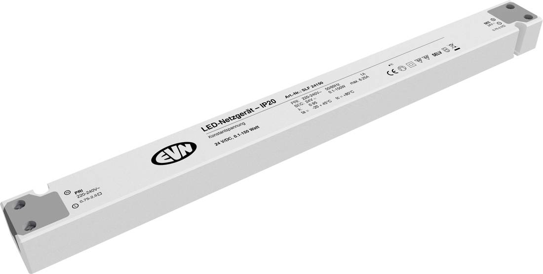 Weiße LED-Stromversorgung mit der Bezeichnung „ELN" und „LED-Headlight IP20", dargestellt in einem rechteckigen Metallgehäuse.