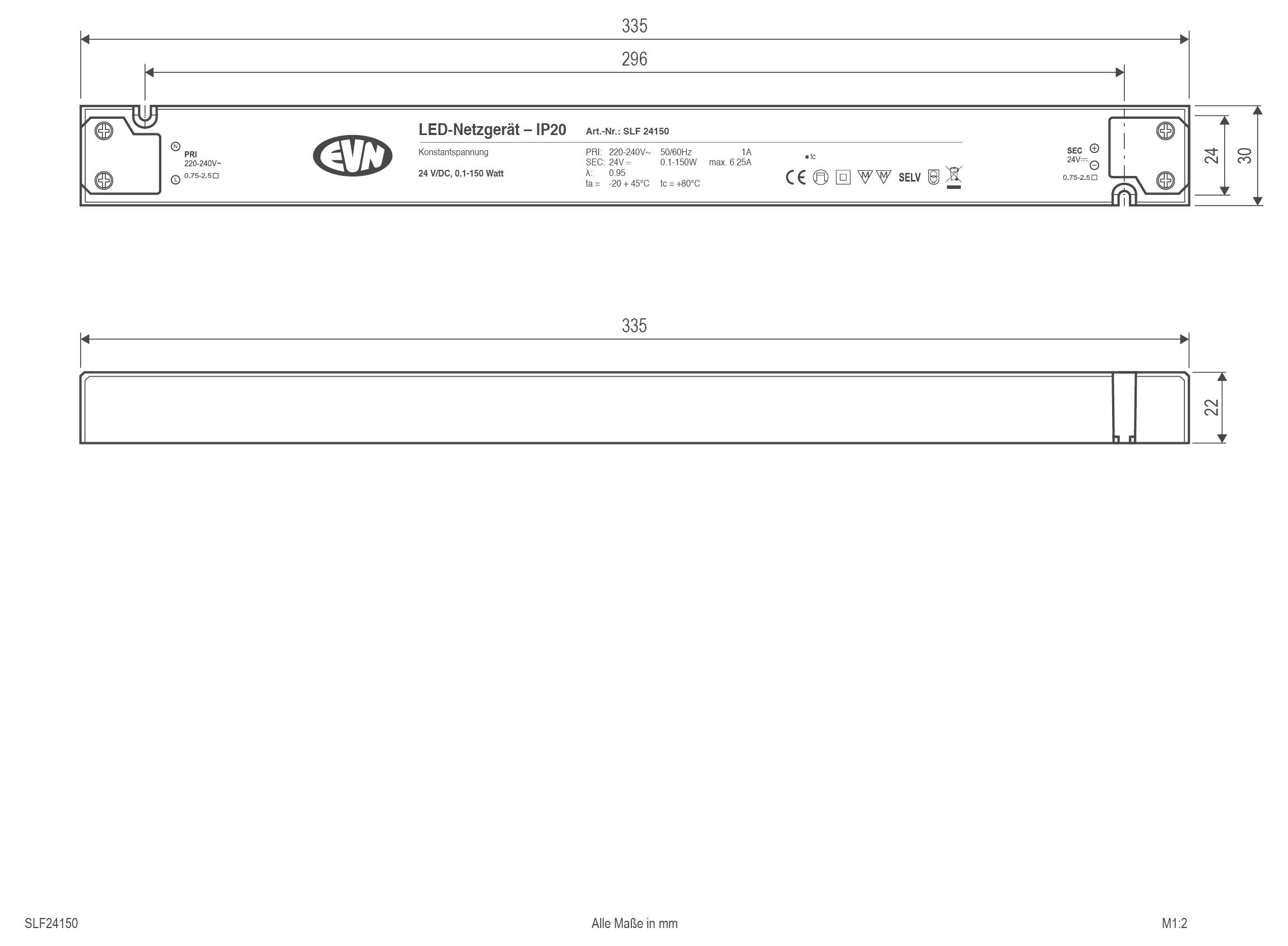 Technische Zeichnung einer EVN LED-Leuchte mit Vorder- und Seitenansicht mit den Maßen: 335 mm lang, 24 mm hoch, 31 mm tief.