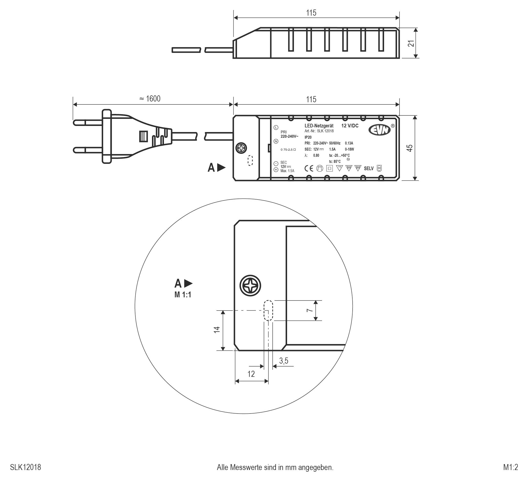Technische Zeichnung eines rechteckigen LED-Stromversorgungsgeräts mit Vorder-, Seiten- und Detailansichten mit Abmessungen in Millimetern.