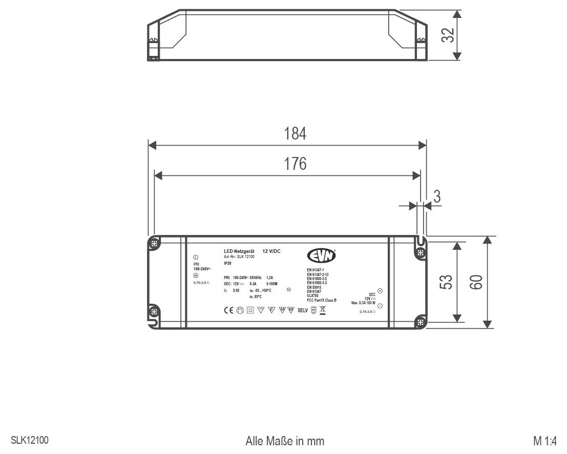 Technische Maßzeichnung eines rechteckigen LED-Treibers mit Vorder- und Seitenansichten mit Abmessungen in Millimetern, einschließlich 184 mm Länge, 60 mm Höhe und 32 mm Tiefe.