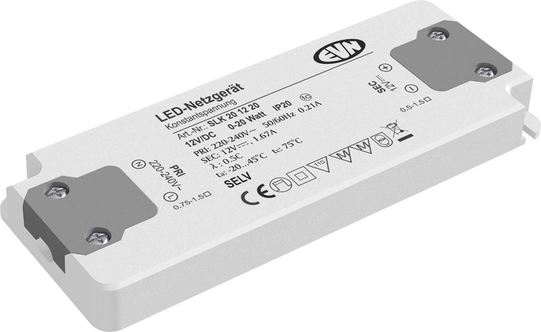 Silbermetall-LED-Transformator-Stromversorgung mit schwarzen Kabeln und Montageklammer auf weißem Hintergrund.