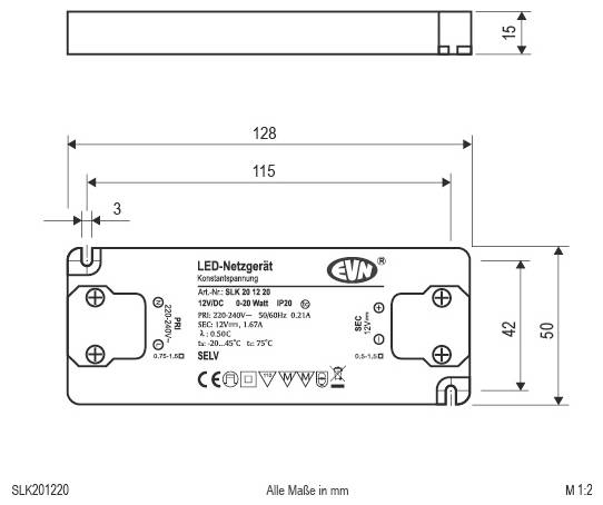 Dimensionierte technische Zeichnung eines LED-Treiber-Netzteils mit Seiten- und Vorderansicht mit Maßstäben in Millimetern.