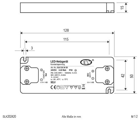 Technische Maßzeichnung eines LED-Transformators mit der Bezeichnung „LED-Netzgerät