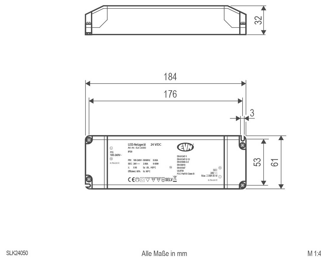 Technische Zeichnung eines rechteckigen LED-Treibermoduls mit Vorder- und Seitenansicht, die Abmessungen in Millimetern zeigen: 184 lang, 61 hoch, 32 tief.