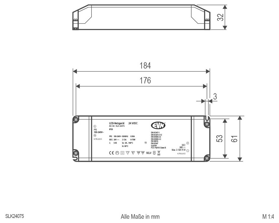 Technische Maßzeichnung eines rechteckigen LED-Treibers, zeigt Draufsicht und Seitenansicht mit Maßen in Millimetern, einschließlich 184, 176, 61, 53 und 32.