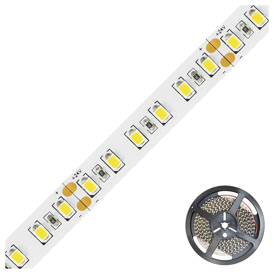 Weiße LED-Streifenleuchte mit sichtbaren Dioden und Schnittmarkierungen, diagonal dargestellt, plus eine Rolle LED-Streifen unten rechts.