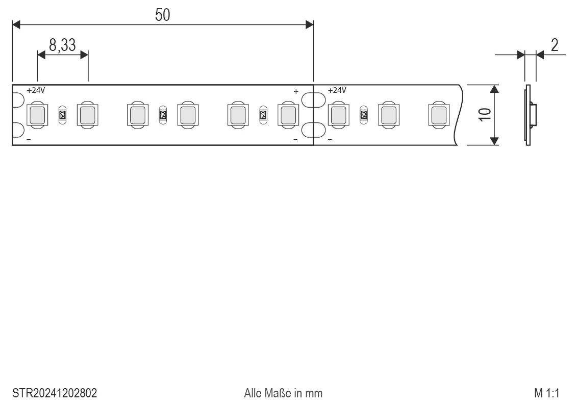 Technische Zeichnung eines 24V-LED-Streifensegments mit den folgenden Abmessungen: 50 mm Länge, 10 mm Breite, 2 mm Dicke und 8,33 mm Abstand zwischen den LEDs.