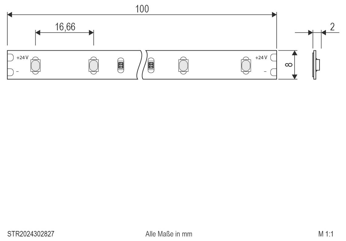 Technische Maßzeichnung eines segmentierten LED-Streifens mit einer Länge von 100 mm, einer Breite von 8 mm, einer Dicke von 2 mm und einem LED-Abstand von 16,66 mm, beschriftet mit +24V und „Alle Maße in mm