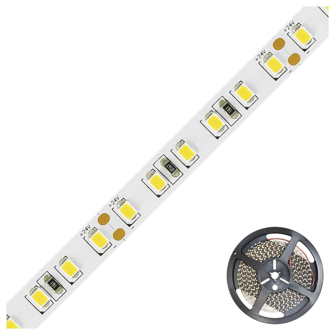 LED-Streifenlicht auf einer Spule, diagonal dargestellt mit gelben Diodenmodulen und Schneidepunkten auf weißem Hintergrund.