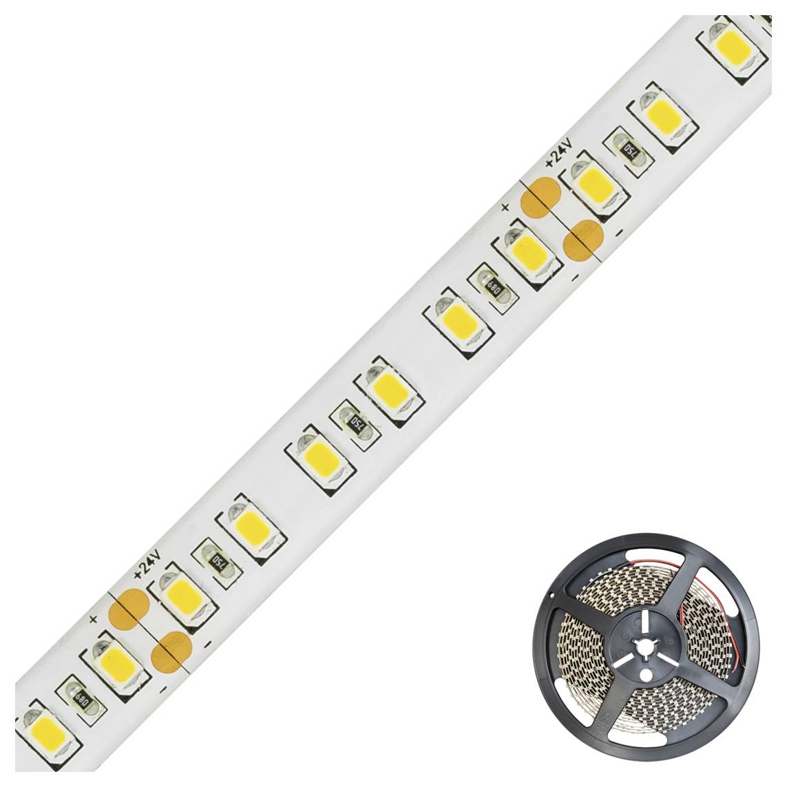 Foto eines LED-Streifenlichts mit einer Spule passendes Klebeband Licht auf weißem Hintergrund, das Schnittpunkte und +24V-Markierungen zeigt.